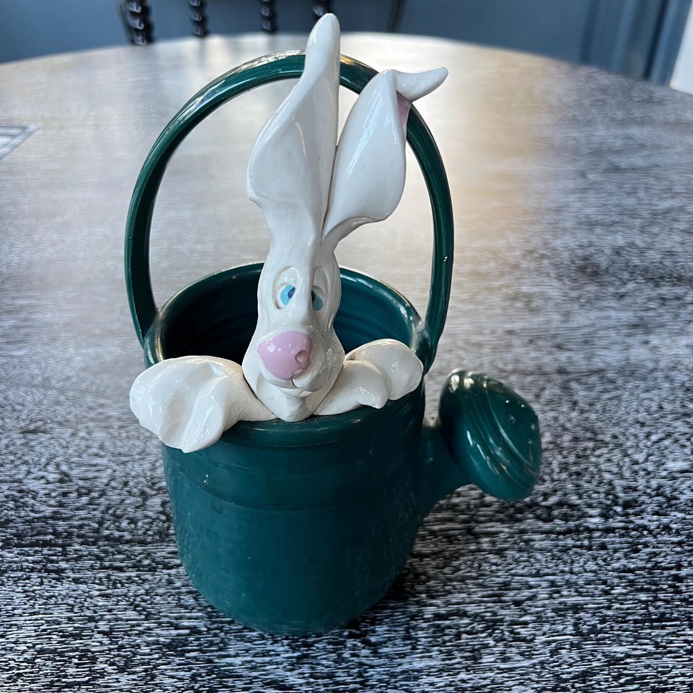 Michael Ezell sculpture - adorable comical bunny in green watering‎ can
